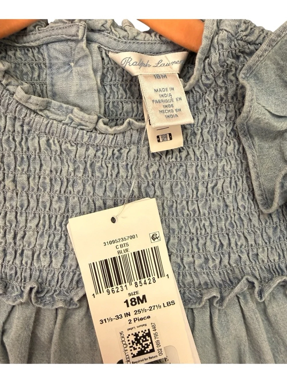 NWT Ralph Lauren Chambray Smocked Dress 18M Blue Denim Ruffle Long Sleeve